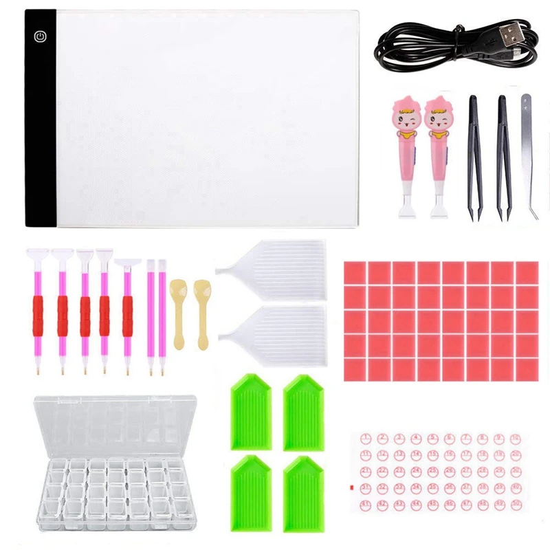 

65Pcs Diy Diamond Painting Tools With A4 Pad Clip USB Cable Bracket Glue Sticky Pen Plate Bag Tweezer Box