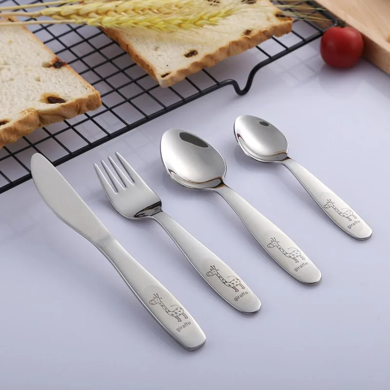 

4PCS Kids Dinnerware Set Children Tableware Animal printed Cutlery Set Knives Forks Food 304 Stainless Steel Cartoon Dinner Set