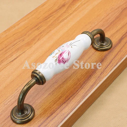 Сельский цветок старинные бронзовые керамические дверные ручки Шкаф Тянет Шкаф ручки для мебели оборудования - Цвет: 128mm