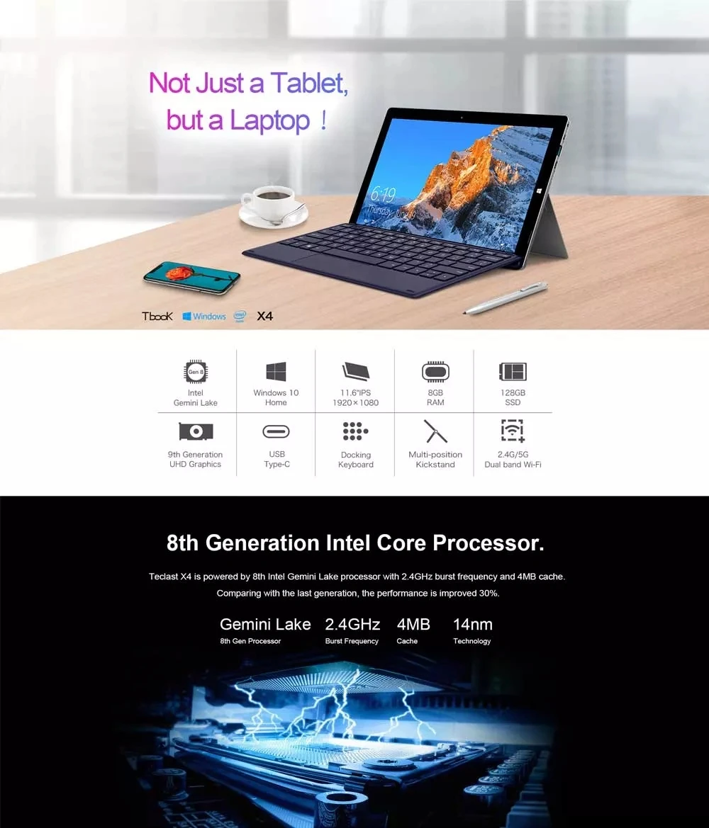 Teclast X4 2 в 1 планшетный ПК Intel Gemini Lake N4100 четырехъядерный 11,6 дюймов 1920*1080 ips 8 Гб Ram 128 Гб SSD win 10 WiFi
