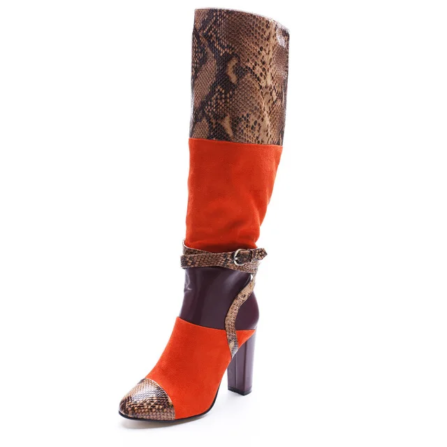 Women Mixed Color Orange Color Round Toe Knee High Boots Fashion Snakeskin Ankle Buckle