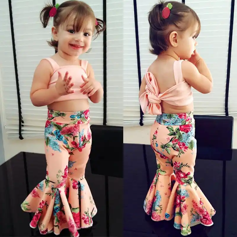 2Pcs//Set Toddler Baby Girls Clothes Sleeveless Romper//Long Sleeve Tops Flared Pants Bell-Bottoms Outfits