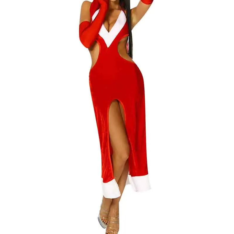 Рождественский костюм для взрослых женщин, миссис Санта Клаус, бархатный мех,, красный сексуальный вырез, ночная рубашка с открытой спиной, Необычные Вечерние платья