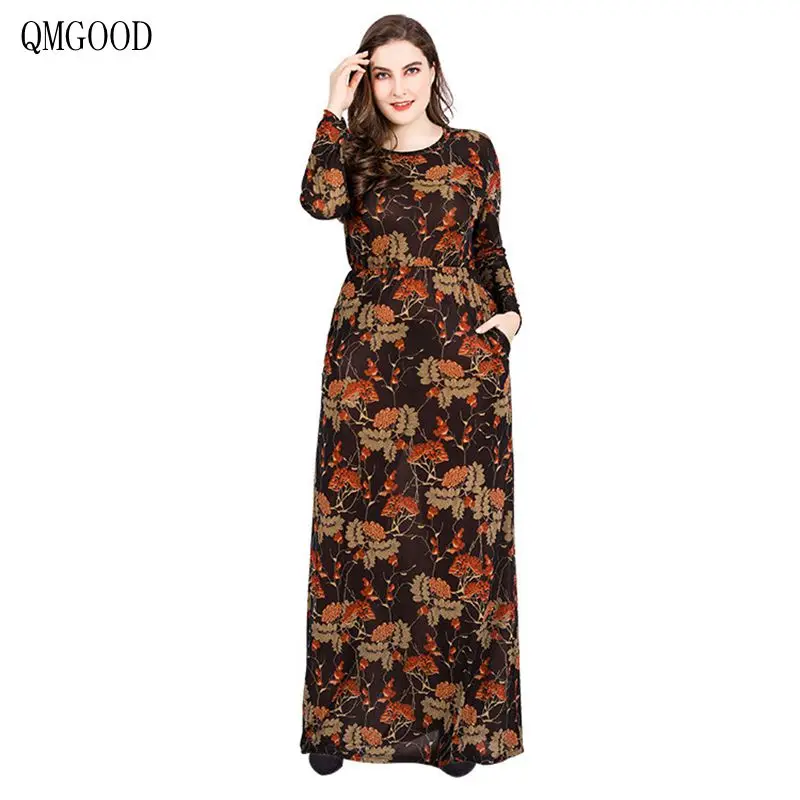 

QMGOOD 2018 Vintage Elegant Dress Women Long Sleeve O Neck Luxury Floor Length Party Dresses Autumn Long Dress Plus Size 5XL 6XL