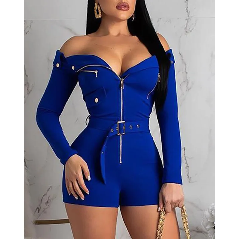 

New Fashion Summer Women Off Shoulder Zipper Romper Wrap Belt Sexy & Club Skinny Solid Slim Fit Long Sleeve Bodycon Playsuits