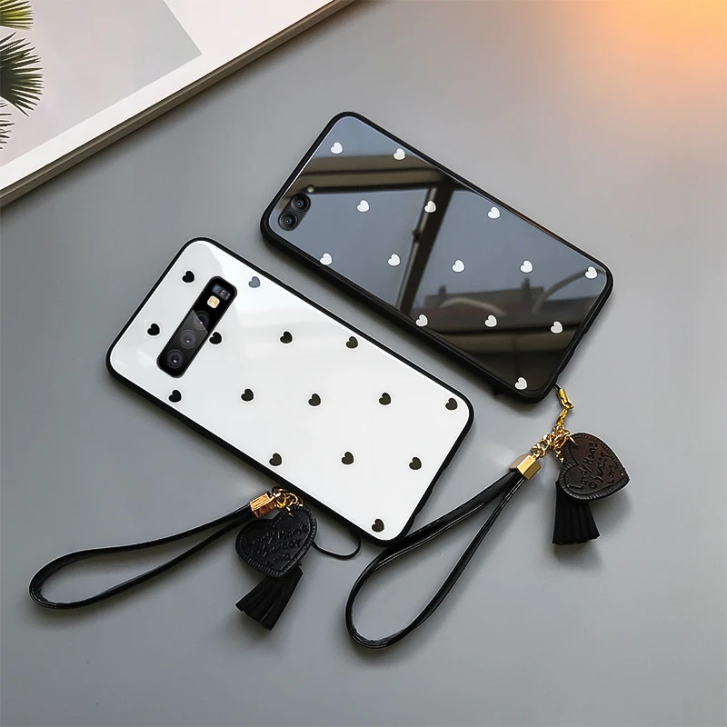 

BONVAN Glass Case For Samsung Galaxy S8 S9 S10 Plus Lite Love Heart Lanyard Hard Cover For Samsung Note 8 9 Wristband Couqe Capa