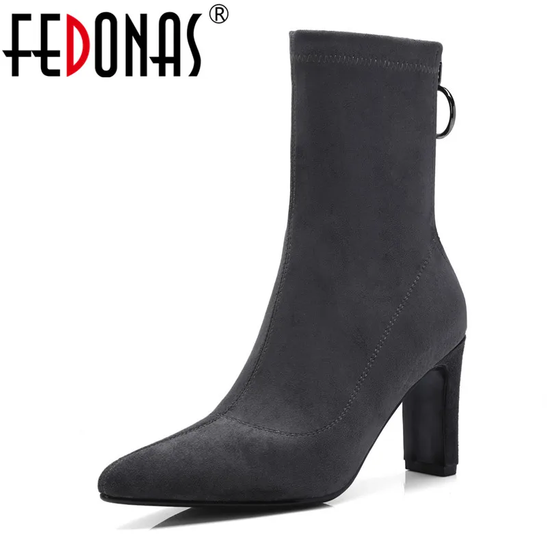 

FEDONAS New Women Autumn Winter Ankle Boots High Heeled Zipper Warm Ladies Shoes Woman Pointed Toe Office Pumps Stretch Shoes