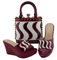 Комплект из сочетающихся туфель и сумочки золотого Цвет; итальянский Женский комплект из туфель и сумочки в тон, украшенные блестками, в африканском стиле, обувь для вечеринок MD005 - Цвет: Wine