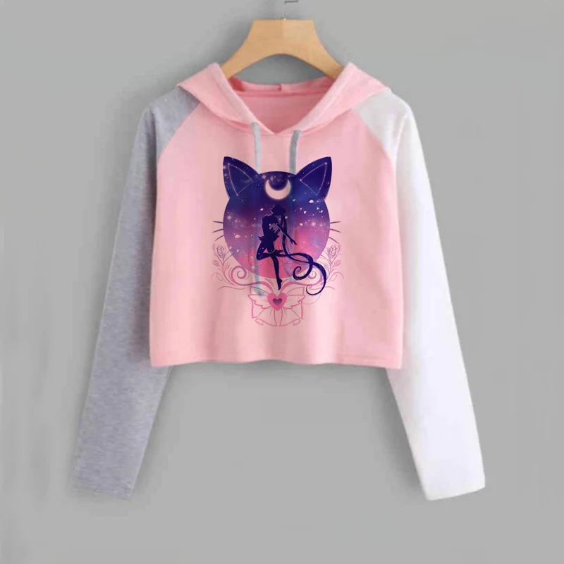  Sailor Moon Crop Hoodies Sweatshirts Women Kawaii Clothes Long Sleeve Harajuku Sailor Moon Cat Copp