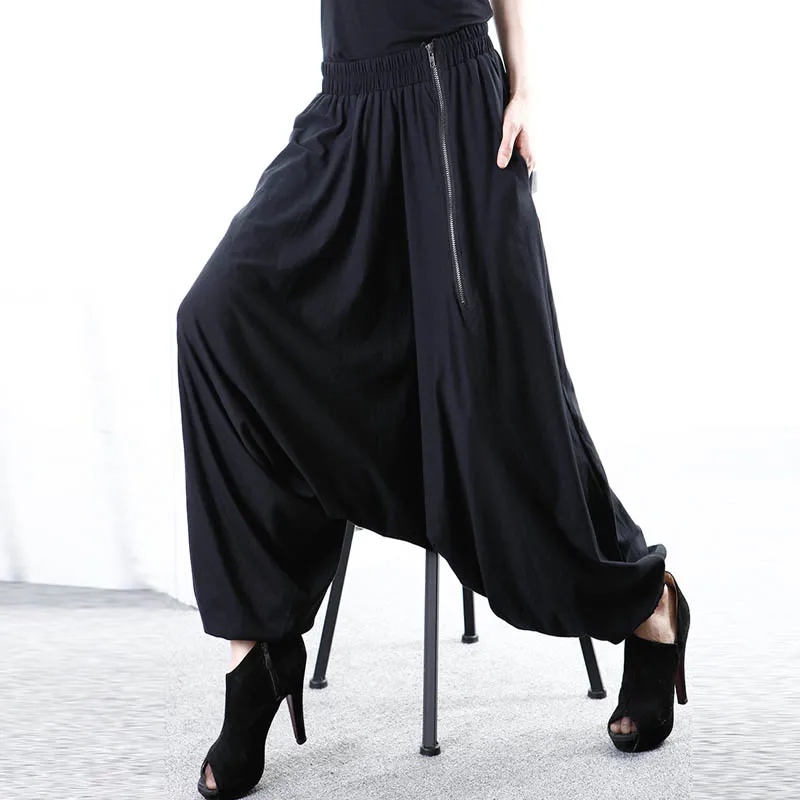 

5XL ZANZEA Women Baggy Solid Drop-Crotch Zip Black Gothic Wide Leg Pants Long Harem Pants Pockets Work Turnip Pantalon Trousers