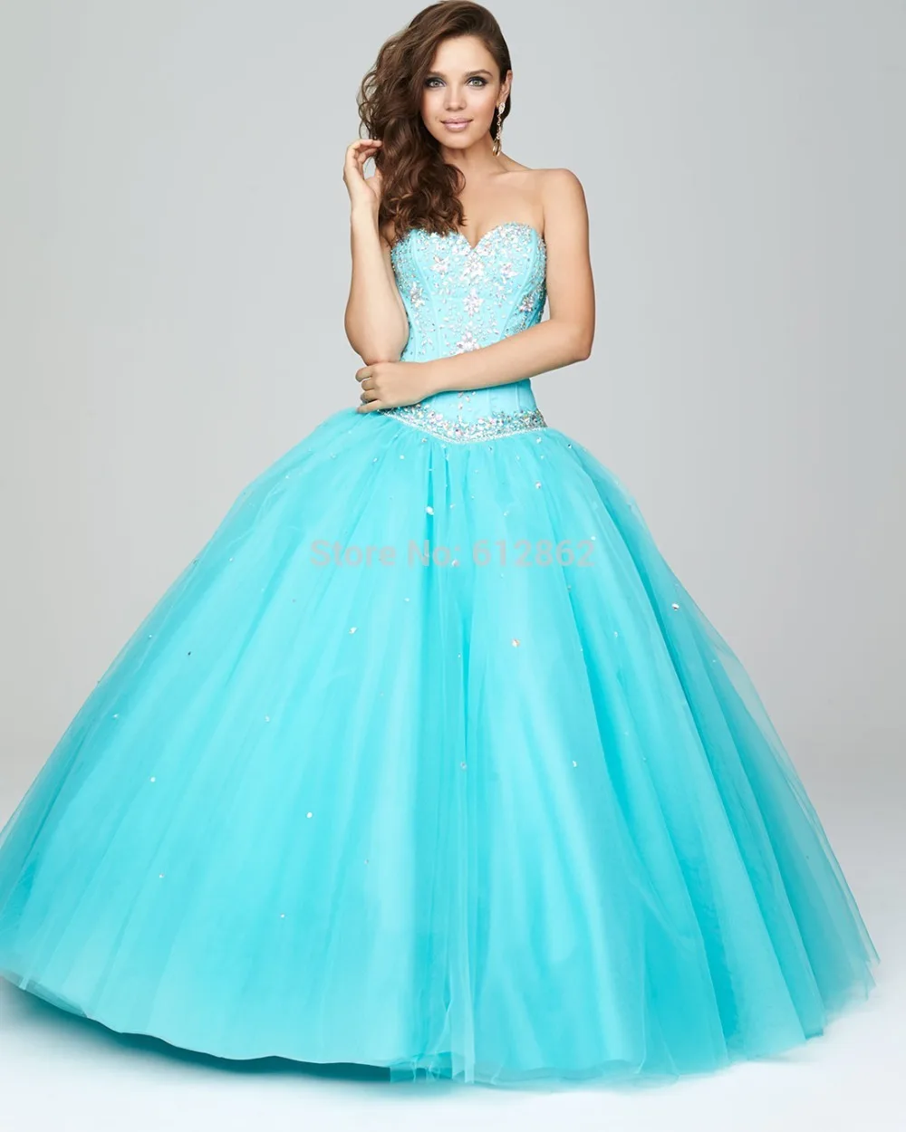 Strapless Sweetheart Tulle Ball Gown Crystals Top Baby Blue Wedding