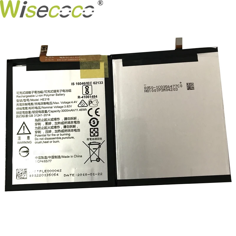 WISECOCO новый оригинальный аккумулятор 3000 мАч HE316 для Nokia 6 TA 1000 1003 1021 1025 1033 телефон в