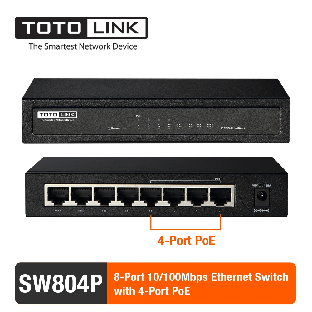 

TOTOLINK SW804P 8-Port 10/100Mbps Ethernet PoE Switch with 4-Port PoE