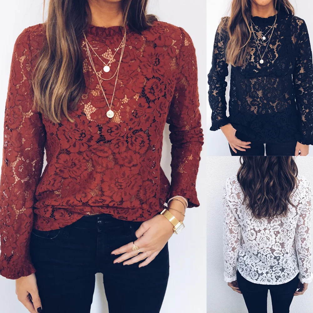 Sexy Shirt Women Lace Hollow Out Long Flare Sleeve Blouse  Solid Elegant Floral Casual Party Sweet Robe Femme Tops Blouse