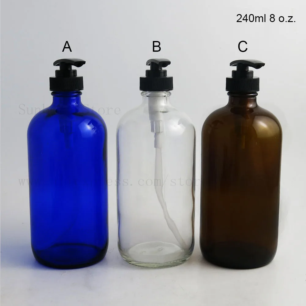 

8oz Blue Amber Clear Glass Boston Pump Bottles for Lotions Liquid Soap Aromatherapy and Large 240ml Empty Round Container