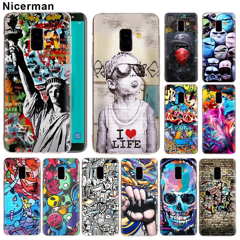 

Soft Silicone Case for Samsung Galaxy J8 J6 J4 Plus 2018 A50 A70 A80 Note 8 9 TPU Cover Street Art Banksy Graffiti Clear TPU Cap
