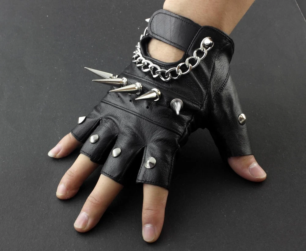 Mens Rivet Spike Punk Rocker Driving Motorcycle Biker Leather Fingerless Gloves leather fingerless gloves mens