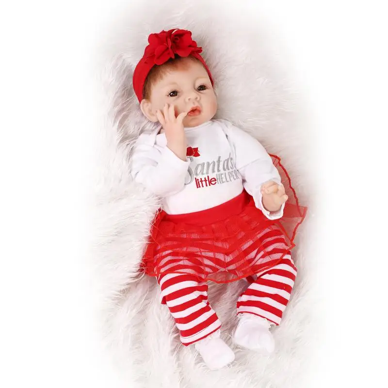 

Npkcollection22inch 55cm new popular sumilation newbabies baby girl with Red and white stripes clothes silicone baby reborn doll