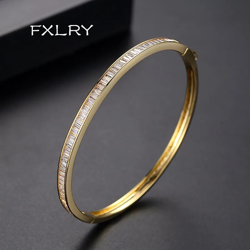 

FXLRY New White /Gold Color Bangles Copper CZ Square Crystals Strung Together Vogue Fascination Enchantmen Bangles For Women