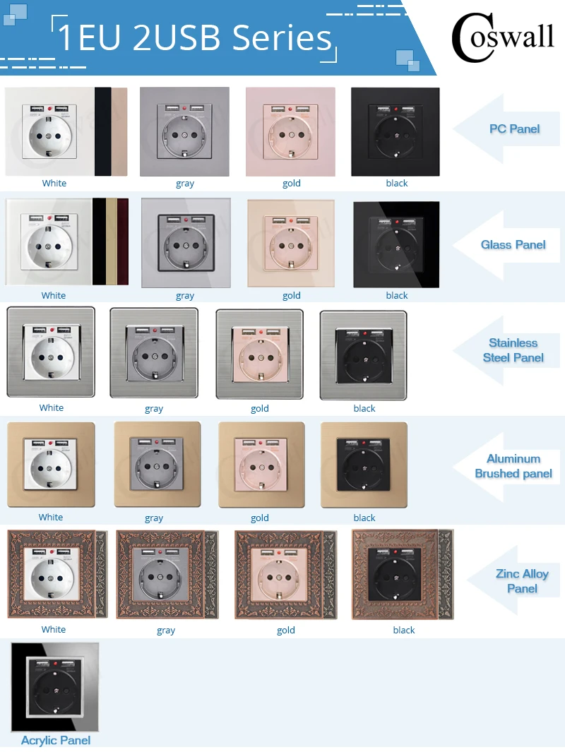 Coswall стеклянная панель двойной USB порт зарядки 2.1A 16A Россия Испания настенная розетка стандарта ЕС с заземлением белый черный золотой серый
