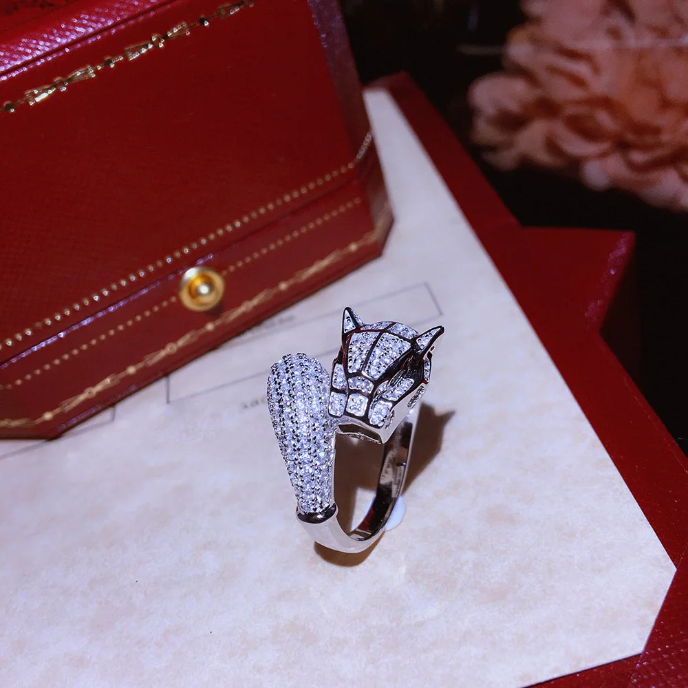 

925 Sterling Silver Brand Fashion Party Jewelry For Women Rose Gold Black Pattern Panther Wedding Jewelry Leopard Ring