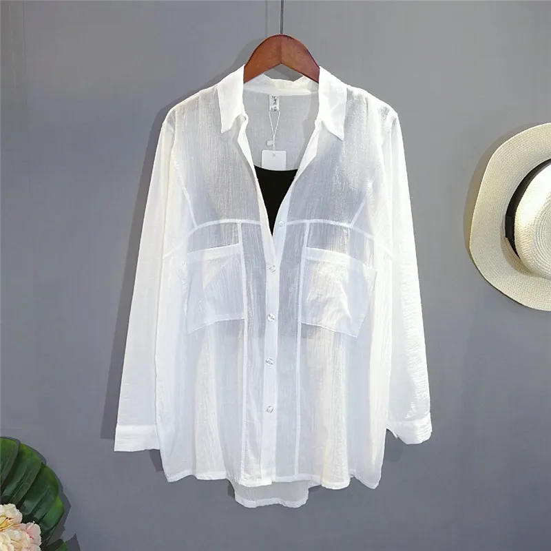 

2019 Summer Pleated Solid Loose Shirts Women Cotton Linen Long Sleeve Thin OL Shirt Krea White Blouse Casual Streetwear Tops