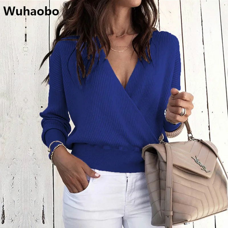 

Wuhaobo V Neck Sweaters Women 2019 Autumn Long Sleeve Tops Female Casual Jumper Winter Streetwear Sexy Sweater