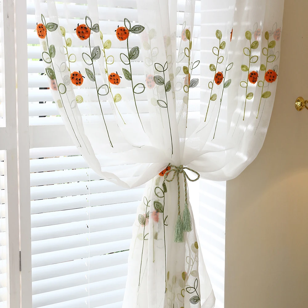 

White Flocking Embroidery Tulle Cute Ladybug and Plant Gauze Curtains Yarn White Gauze for Living Room Bedroom Sheer Fabrics