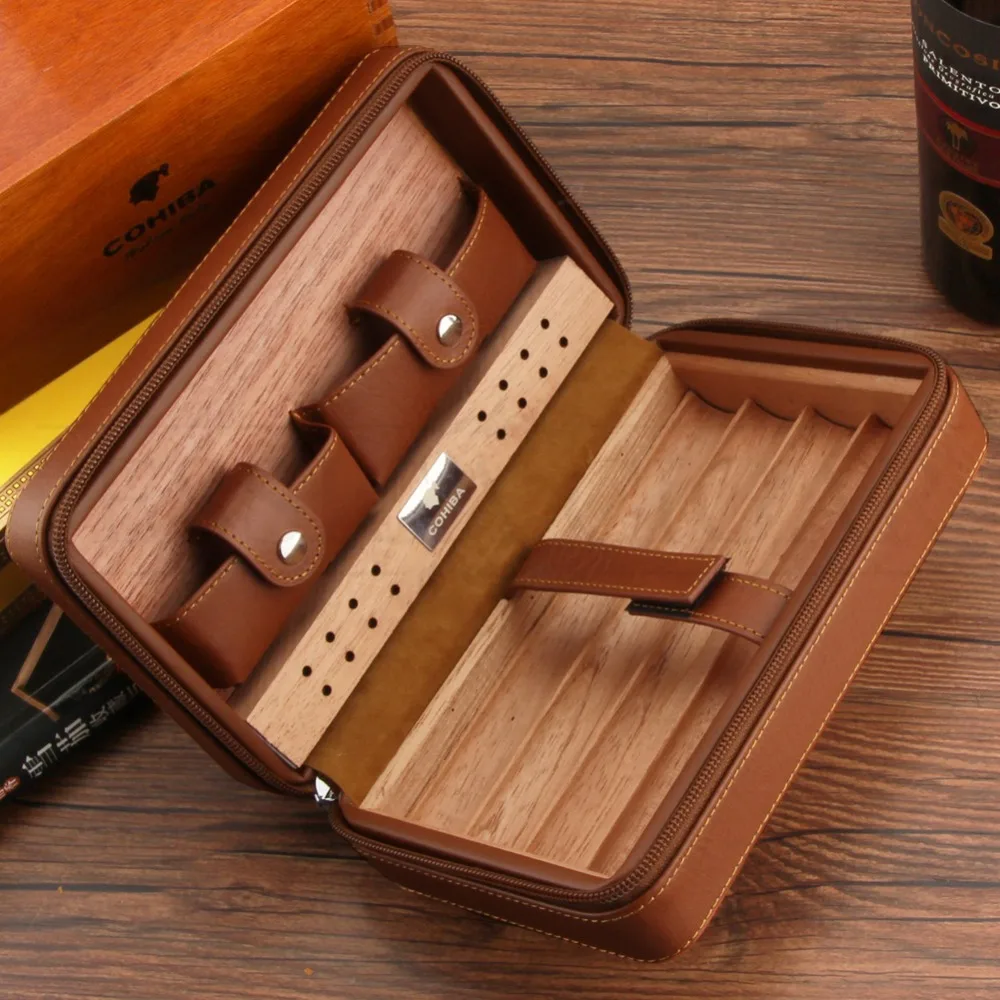  COHIBA Cedar Wood Cigar Humidor Travel Portable Leather Cigar Case Cigars Box With Lighter Cutter H