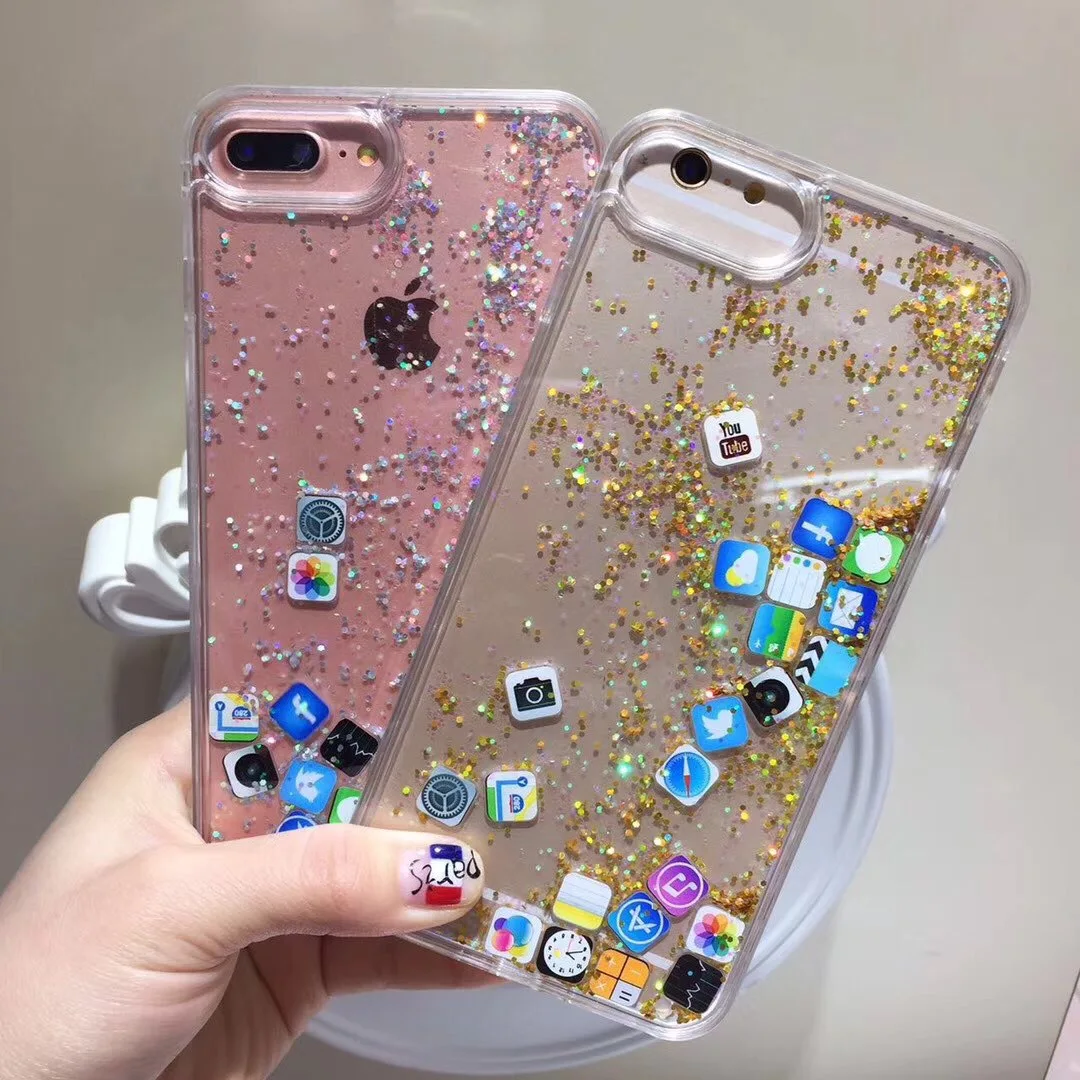 

MaxGear Cute Apps icon Liquid Glitter Quicksand Case for iPhone 6 6S 7 8 Plus Hard Cover For iPhone XS Max X XR 10 9 Case Fundas