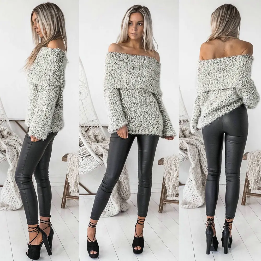 2017 New Fashion Women Sweaters Pullovers Casual Slash Neck Fluffy Loose Autumn Winter Knitted Tops Sexy Pull Femme blouses | Женская