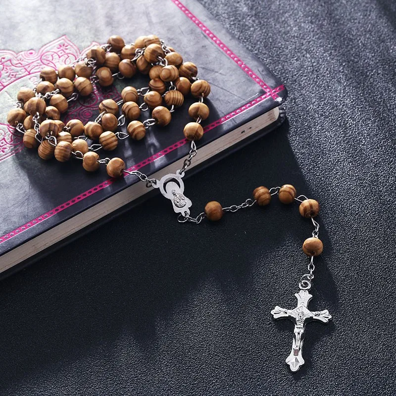 

2019 Fashion Rosary Wood Beads DIY Necklaces For Men Women Virgin Mary Jesus Christ Cross Pendant Long Chain Religion Jewelry