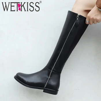 

WETKISS Thick Low Heels Women Knee High Boots Round Toe Footwear Genuine Leather Female Motorcycle Boot Shoes Woman Winter 2018