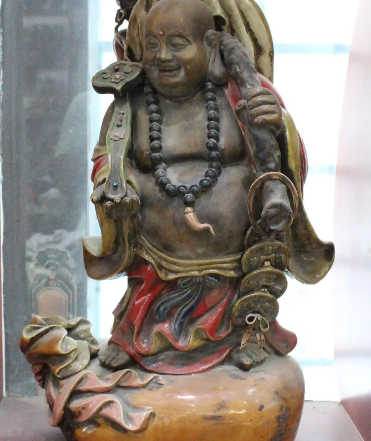 

22" Old Wucai Porcelain Wealth Happy laugh Maitreya Buddha Money Bag Ruyi Statue
