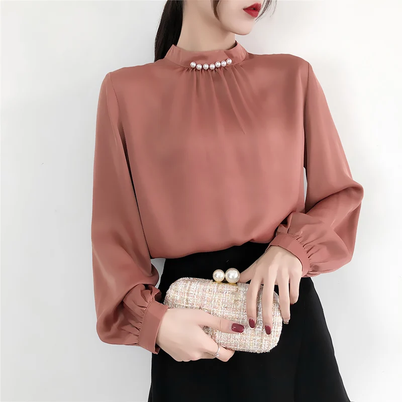

2019 spring long sleeve women bead work red blouses office OL long sleeve lady shirts women bead collar tops