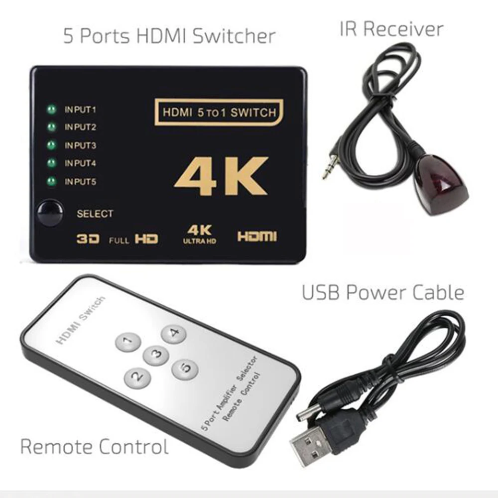 

HDMI 5 TO 1 Switch 4Kx2K 1080P 5 In 1 Out with IR Remote Controller Ultra Full HD 4K Hdmi Switcher For HDTV DVD TV BOX