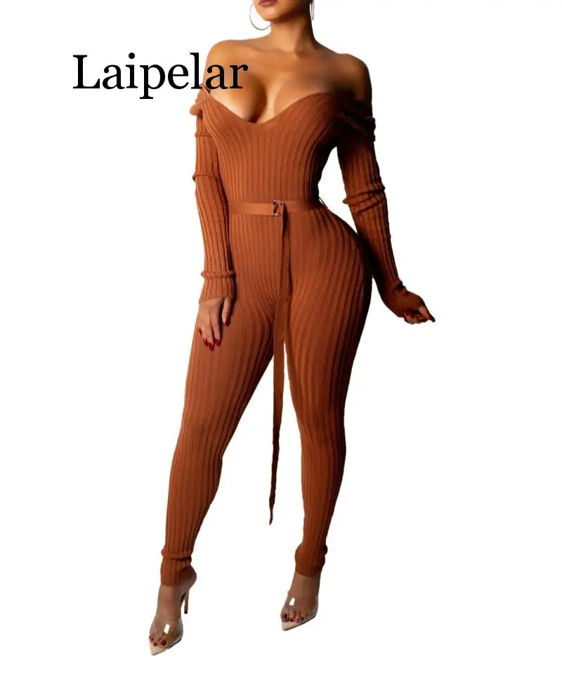 

Laipelar Solid Off Shoulder Ribbed Jumpsuit with Belt Women Sexy V Neck Long Sleeve Romper Night Club Overalls Knitting Jumper
