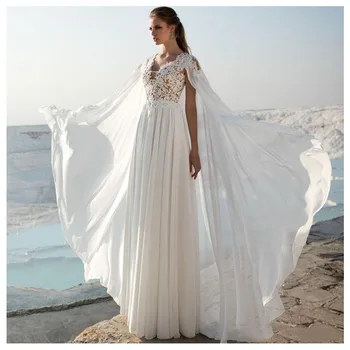 

LORIE Wedding Dress With Shawl Vintage Lace Appliques Beach Bride Dress Chiffon Princess Boho Wedding Gown Floor Length 2019
