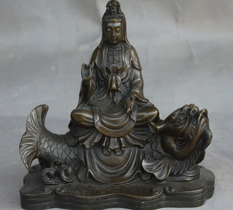 

7" China buddhism Bronze Guanyin Bodhisattva Hold Bottle Ride Dragon fish Statue
