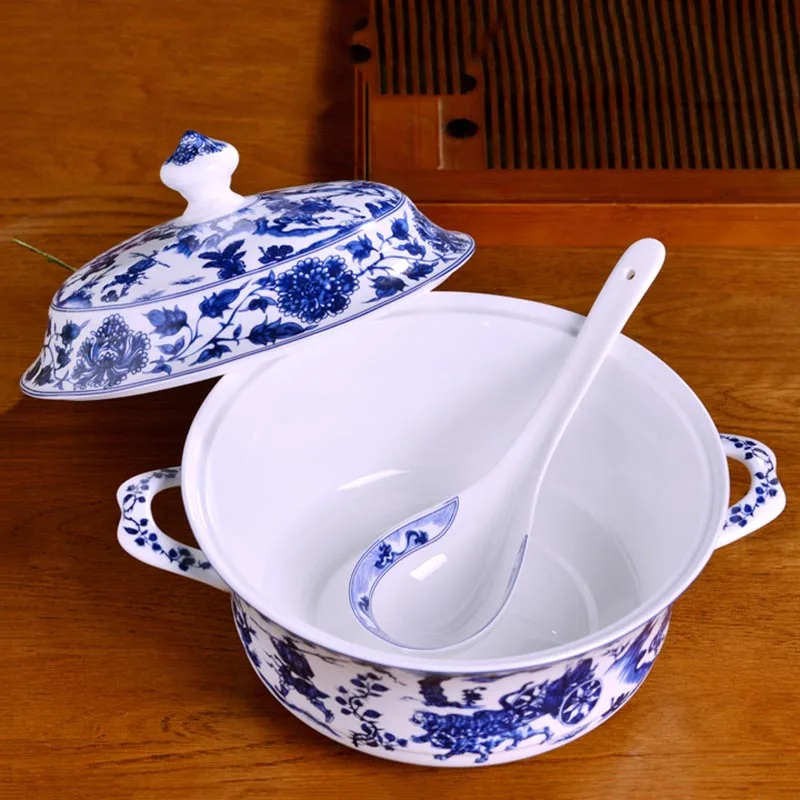 Цзиндэчжэнь синяя и белая фарфоровая супница с большой ложкой Двойные Уши большая емкость супница десерт контейнер домашняя посуда