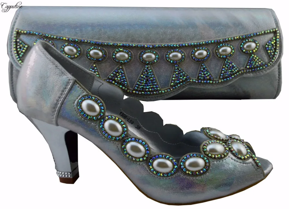Amazing wedding sets series African high heel sandal shoes and handbag sets with big pearl 1308-L59 wine