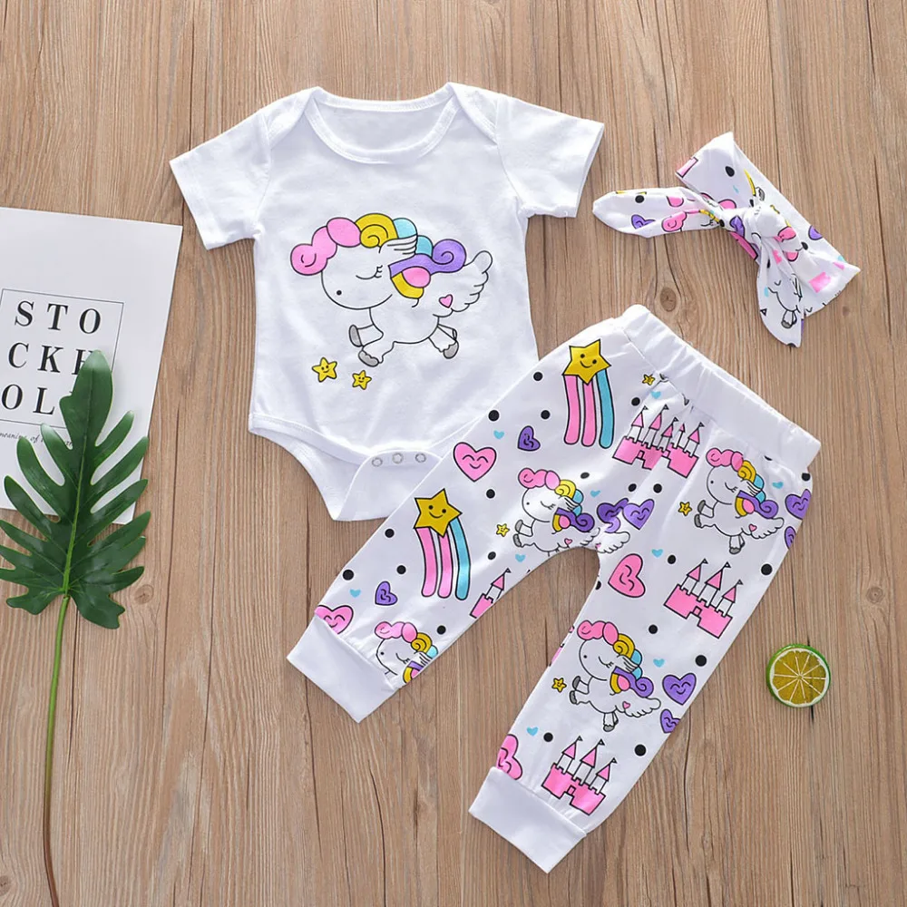 

MUQGEW Newest baby girl clothes Cartoon Rainbow Printed Romper+Rainbow Pants+Bow Headband baby clothes for girls kiz bebek giyim