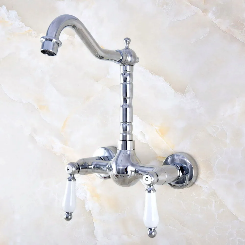 Polished Chrome Brass Wall Mount Kitchen Sink Faucet Swivel Spout Mixer Tap Dual Ceramics Handles Levers anf561