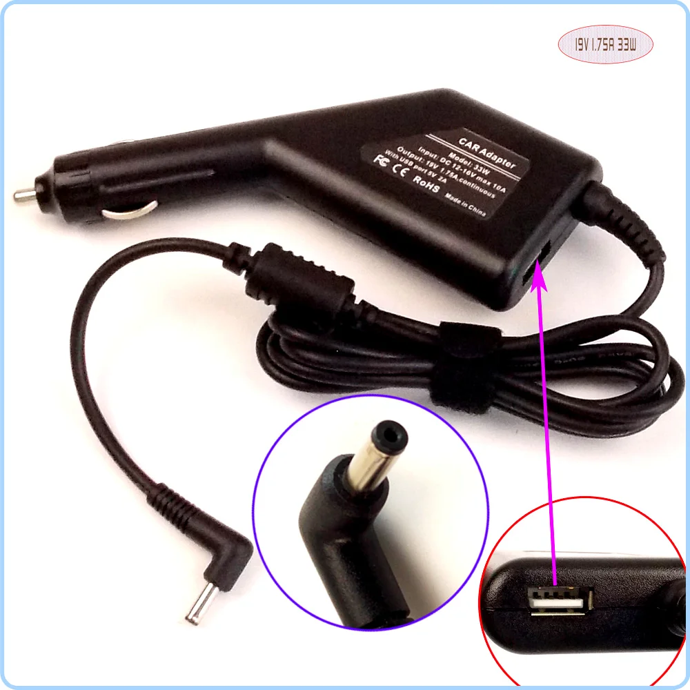 19V 1.75A Laptop DC Car Adapter Charger Power + USB For ASUS VivoBook
