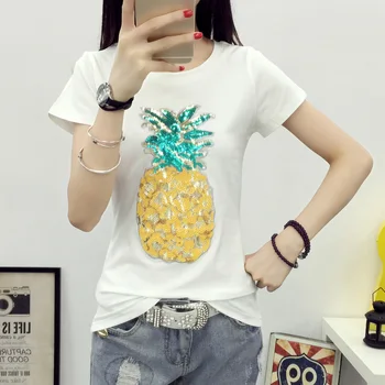 

Cartoon Sequined Pineapple T-shirt 2017 Summer Short Sleeve Women T Shirt Tops S-XXXL Big Size Cotton Basic Tops Female Tees