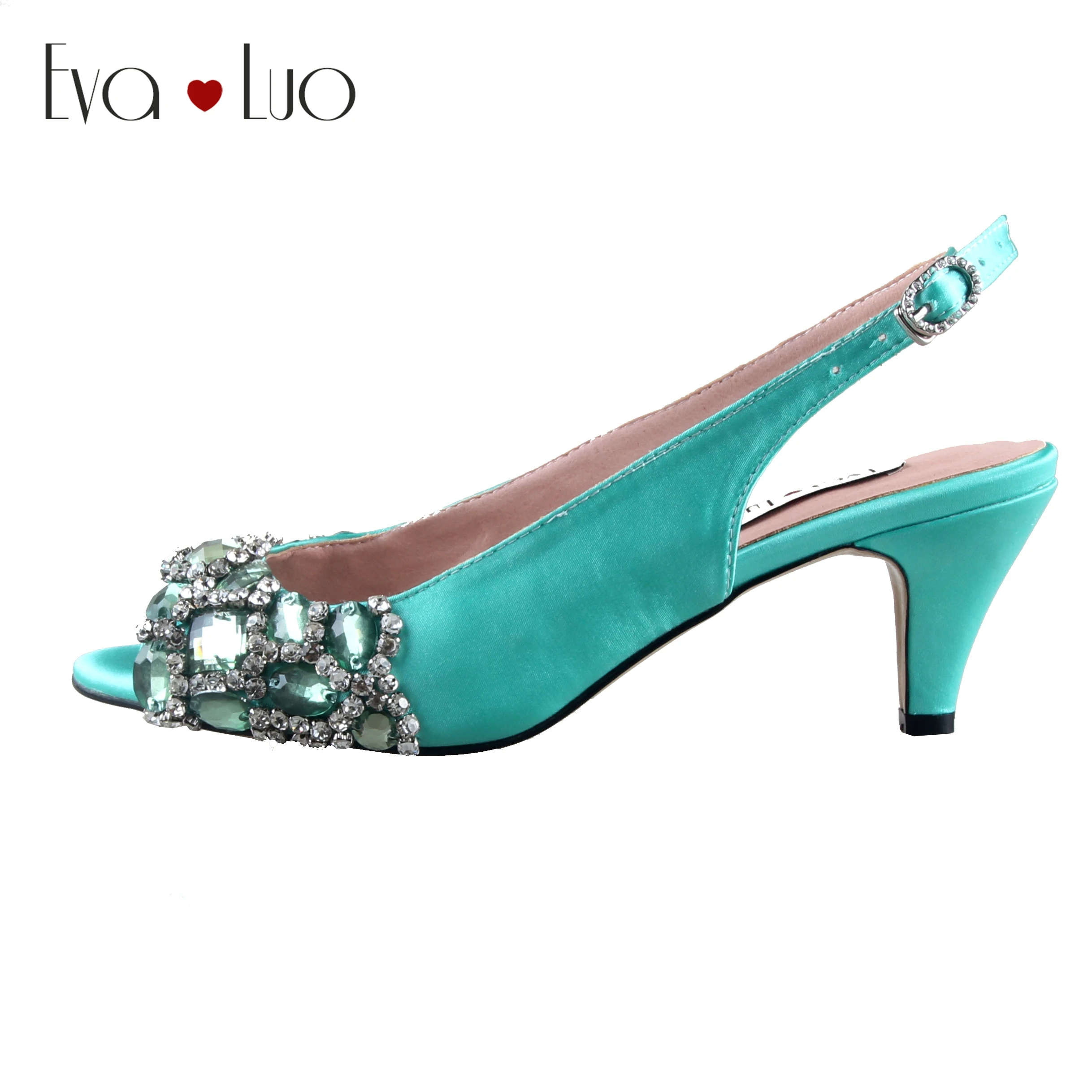 

CHS1020 Custom Made Mint Green Low Heel Crystal Shoes Slingbacks Women Party Shoes Bridal Wedding Shoes