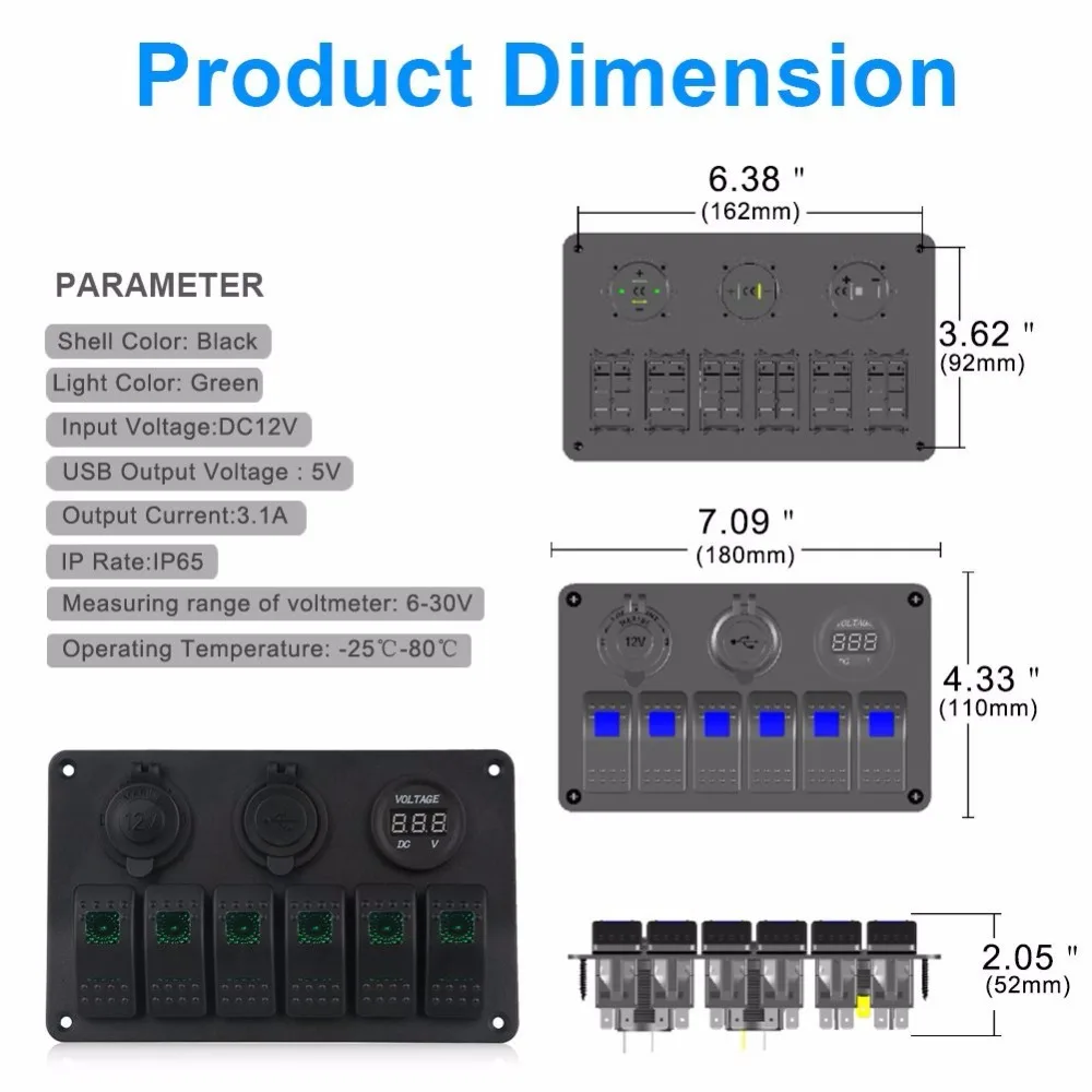 6 банд Рокер ВКЛ/выкл переключатель панель+ Цифровой вольтметр 3.1A двойной USB зарядное устройство Прикуриватель разъем для RV Автомобиля Морской(зеленый