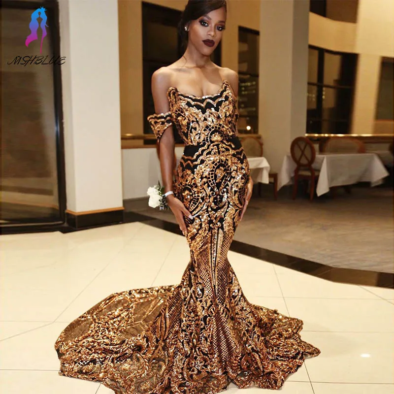 

Stunning Black Gold Off Shoulder Evening Dress Formal Gowns Long Mermaid Evening Wear Celebrity Dresses MSHBLUE