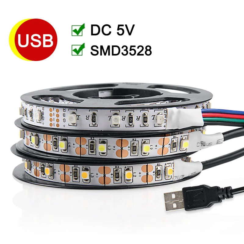 SMD3528 USB LED Strip DC5V RGB Strip With 3keys Mini Remote Flexible LED Light For TV Background Lighting 50CM 1M 2M