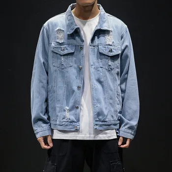 

Fall 2020 new handsome leisure denim jacket trend man hole denim jacket
